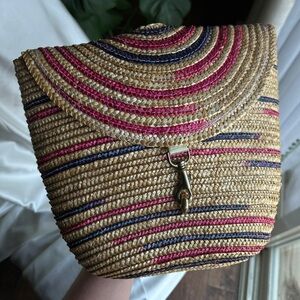 Elegant Straw Clutch with Pink and Blue Accents